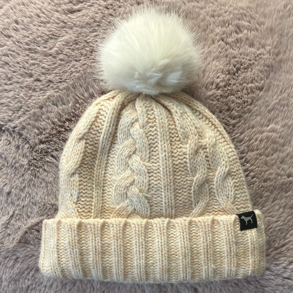 PINK Victoria's Secret Cream Knit Pom-Pom Hat